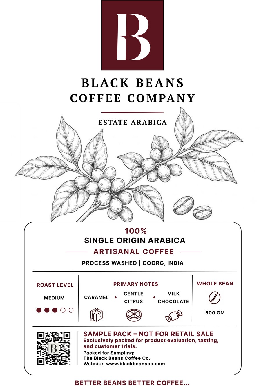 Black Beans Coffee Company Estate Arabica sample pack, 500g, process washed, Coorg India